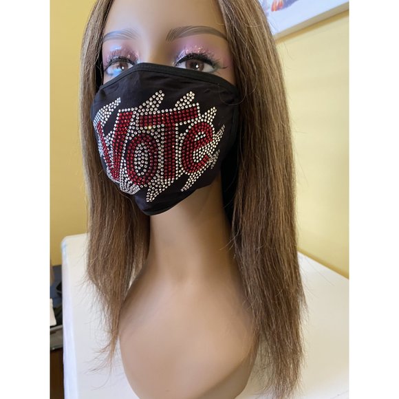 VOTE Bling Rhinestone Face Mask With Filter Pocket Red - Picture 8 of 11